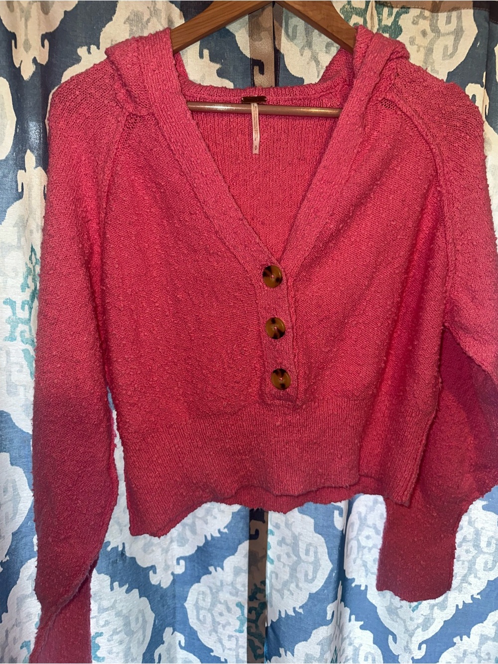 Free People Pink Knit Hoodie Sweater | Slouchy Boho Cozy Crop